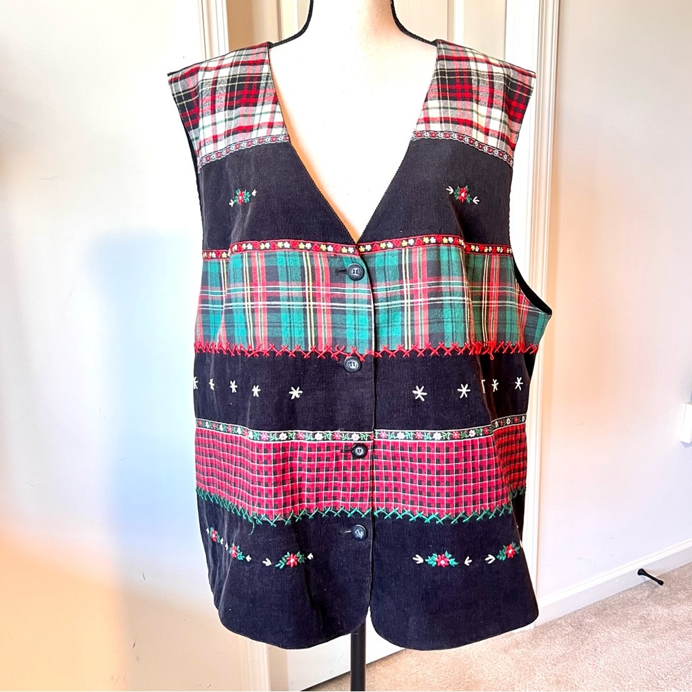 Vintage SUSAN BRISTOL Corduroy Plaid Patchwork Holiday Christmas Vest—SZ. 3X